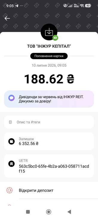 Приклад виплати пасивного доходу від Inzhur REIT за місяць пасивно та без вкладень