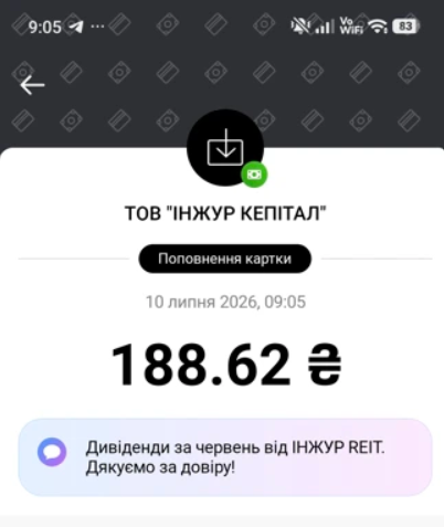 Приклад виплати дивідентів від Inzhur REIT